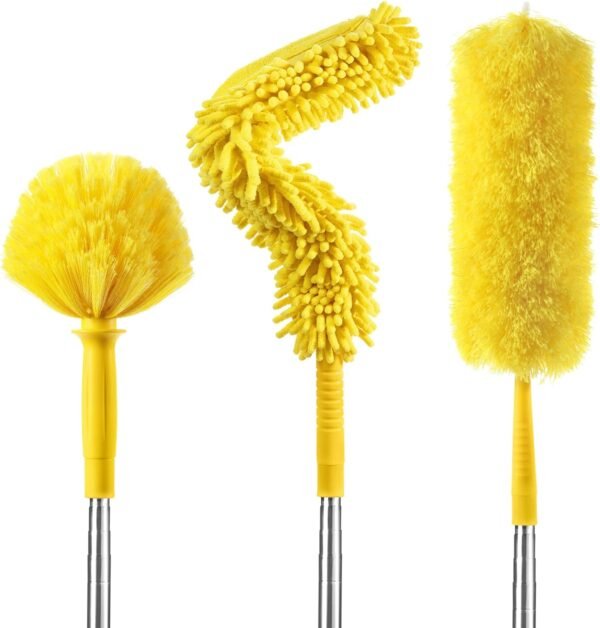 17foot High Reach Duster Kit, 3-in-1 Microfiber Feather Duster, Chenille Duster, Cobweb Duster, Indoor & Outdoor Extendable Bendable Cleaning Set