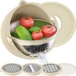 4-1 Colander with Bowl Set - Rotatable Strainers for Kitchen, Food Strainers and Colanders, Pasta Strainer, Rice Strainer, Fruit Cleaner, Veggie Wash, Kitchen Gadget Essentials - Beige