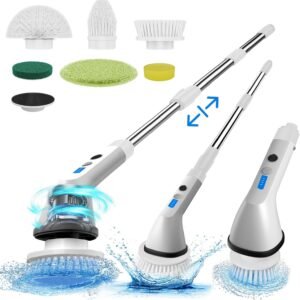 Electric Spin Scrubber, Cordless Shower Cleaning Brush with 6 Replacement Brushes,2-Speed Adjustable & Extension Long Handle Power Scrubber for Bathroom Car Floor Tile Electric Squeegees (White)