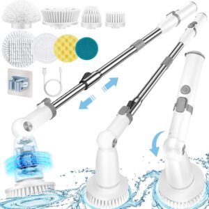 Electric Spin Scrubber, Cordless Shower Scrubber with 8 Replaceable Brush Heads, Bathroom Scrubber Electric Dual Speeds, Shower Cleaning Brush with Extension Arm for Tub Tile Floor(Grey&White)