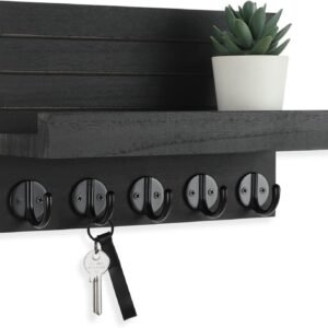 Key Holder for Wall, Decorative Key and Mail Holder with Shelf Has Large Hooks for Bags, Coats, Umbrella – Paulownia Wood Key Hanger with Mounting Hardware (9.8”W x 6.7”H x 4.2”D)